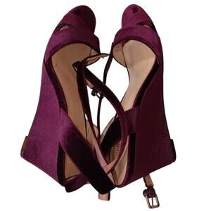 NINE WEST Purple Velvet Wedge Heels 8.5 Strappy Dressy‎ Dance Prom Hoco Open Toe